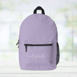 Modern Purple Lavender Personalized Script Printed Backpack<br><div class="desc">Personalized lavender purple backpack with your monogram name or initials in a stylish white script with swashes.</div>