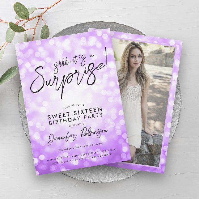 Modern Purple Lights Photo Surprise Sweet 16 Invitation (Modern Purple Lights Photo Surprise Sweet 16 Invitation)