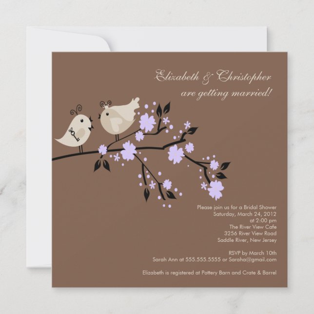 Modern Purple Love Birds Bridal Shower Invitation (Front)