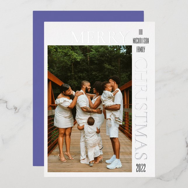 Modern Purple Merry Christmas Photo  Foil Holiday Card (Front/Back)
