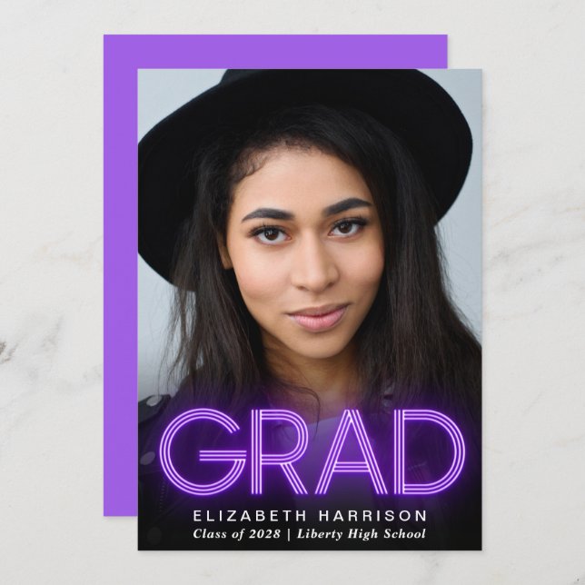 Modern Purple Neon Graduation Announcement (Front/Back)