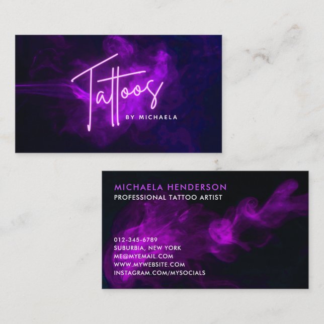 Modern Purple Neon & Smoke Tattoo Artist Business Card (Front/Back)