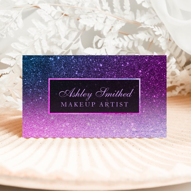 Modern purple ombre blue glitter chic ombre makeup business card (Creator Uploaded)