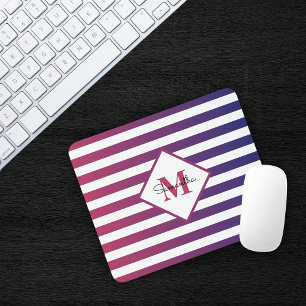 Modern Purple Ombre Stripes Monogram Mouse Pad