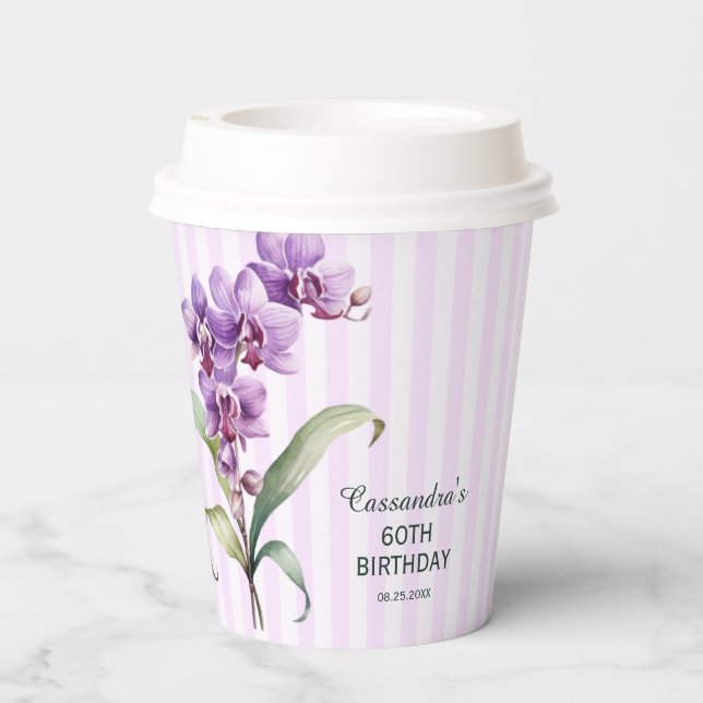Modern Purple Orchid Stripes Floral 60th Birthday  Paper Cups (Back)