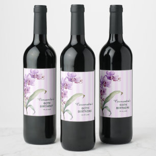 Modern Purple Orchid Stripes Floral 60th Birthday  Wine Label