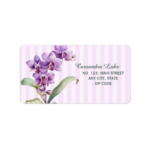 Modern Purple Orchid Stripes Floral Birthday Label