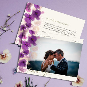 Modern Purple Orchids Gold Wedding Photo Thank You Card