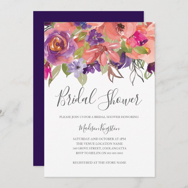 Modern Purple Peach Blossom Bridal Shower Invite (Front/Back)