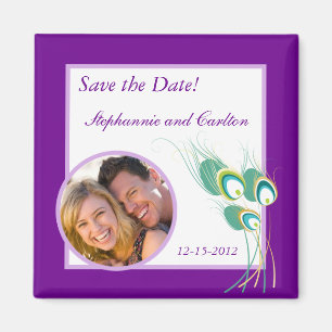 Modern Purple Peacock Wedding Announcement Magnet