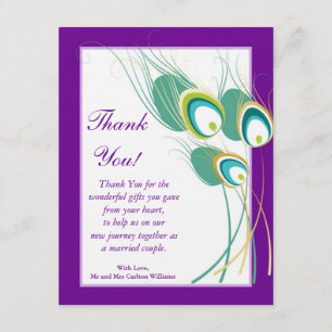 Modern Purple Peacock Wedding Flat Thank You Card