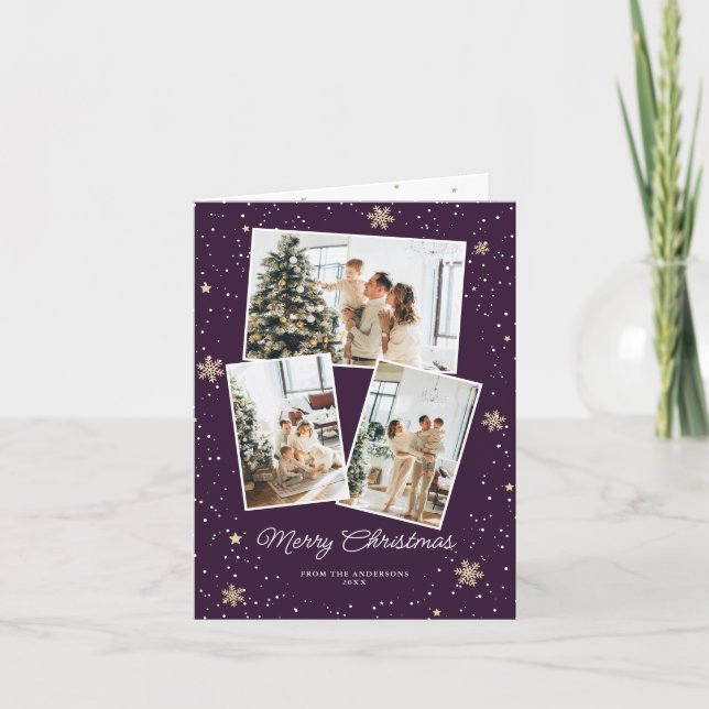 Modern Purple Photo Collage Merry Christmas Card (Front)