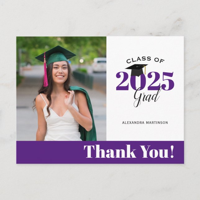 Modern Purple Photo Graduation Thank You Postcard (Front)