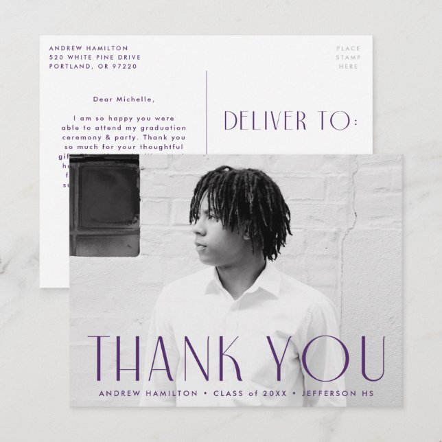 Modern Purple Photo Graduation Thank You Postcard (Front/Back)