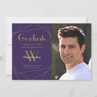 Modern Purple Photo Monogram Geometric Graduation Announcement