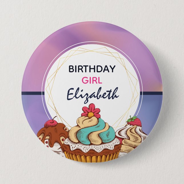 Modern Purple & Pink Abstract Birthday Girl 3 Inch Round Button (Front)