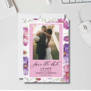 Modern Purple Pink Blossom Script Photo Wedding  Save The Date