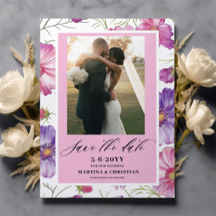 Modern Purple Pink Blossom Script Photo Wedding  Save The Date