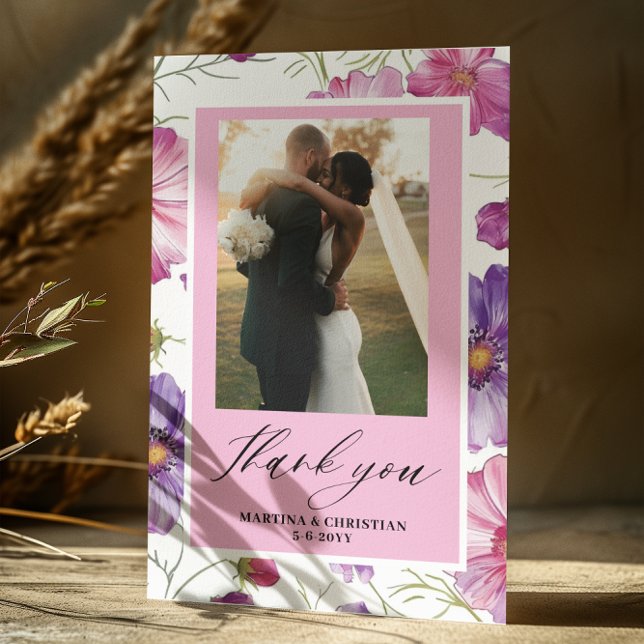 Modern Purple Pink Blossom Script Photo Wedding  Thank You Card (Creator Uploaded)