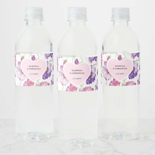 Modern Purple Pink Blossom Script Photo Wedding  Water Bottle Label (Bottles)