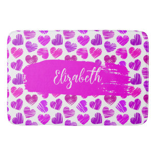 Modern Purple Pink Doodled Hearts Valentine Name Bath Mat