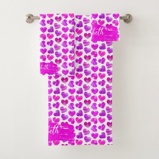 Modern Purple Pink Doodled Hearts Valentine Name  Bath Towel Set (Insitu)