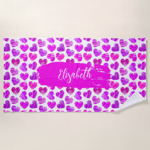 Modern Purple Pink Doodled Hearts Valentine Name Beach Towel