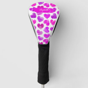 Modern Purple Pink Doodled Hearts Valentine Name  Golf Head Cover