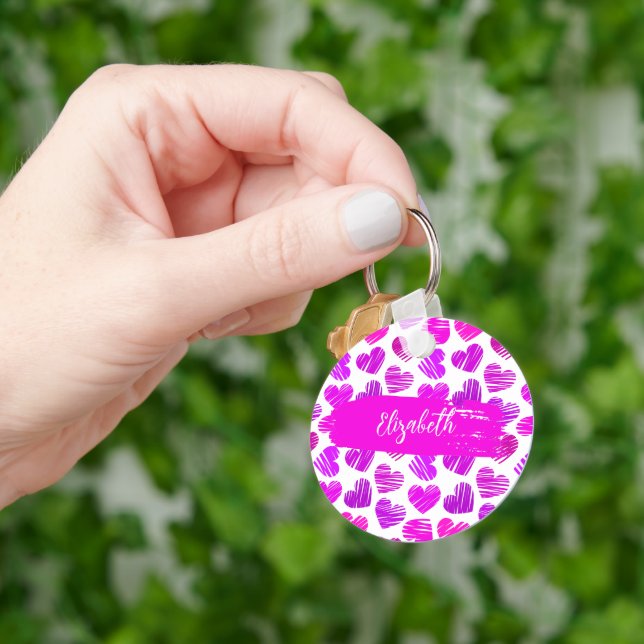 Modern Purple Pink Doodled Hearts Valentine Name  Keychain (Hand)