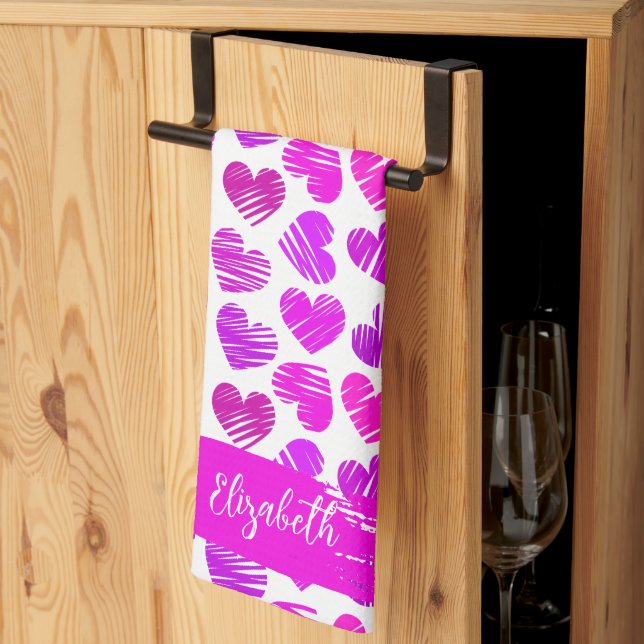 Modern Purple Pink Doodled Hearts Valentine Name  Kitchen Towel (Thirds Fold)