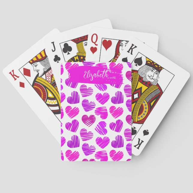 Modern Purple Pink Doodled Hearts Valentine Name  Playing Cards (Back)