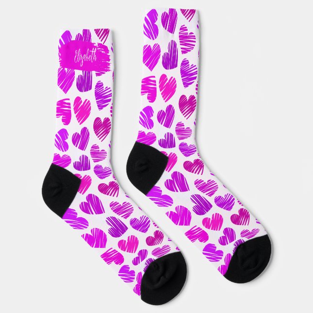 Modern Purple Pink Doodled Hearts Valentine Name  Socks (Right)