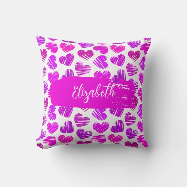 Modern Purple Pink Doodled Hearts Valentine Name  Throw Pillow (Front)