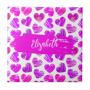 Modern Purple Pink Doodled Hearts Valentine Name Tile