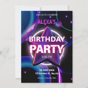 Modern Purple pink neon star galaxy birthday Invitation