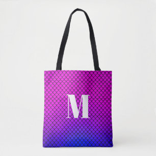 Modern Purple Pink Ombre Mermaid Scales Monogram Tote Bag