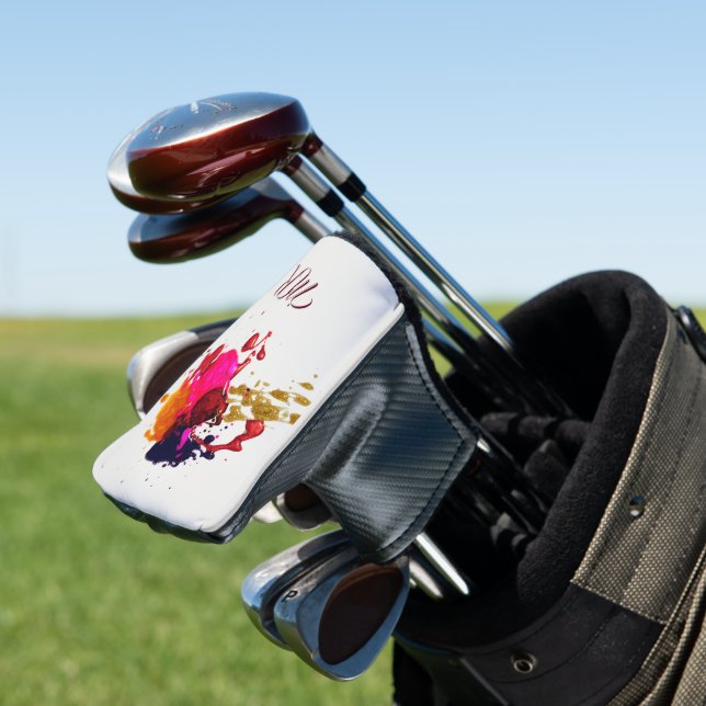 Modern Purple Pink Red Gold Paint Splatter Golf Head Cover (In Situ)