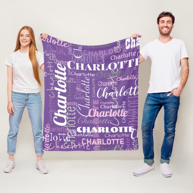 Modern Purple Pink Repeating Name Graffiti Pattern Fleece Blanket (In Situ)