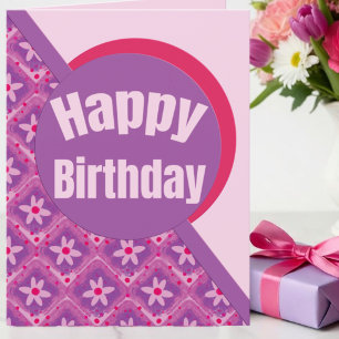 Modern Purple & Pink Squares With Flowers Birthday Card