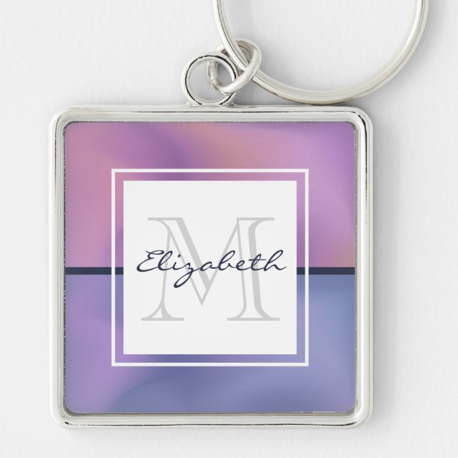 Modern Purple & Pink Swirling Abstract Monogram Keychain (Front)