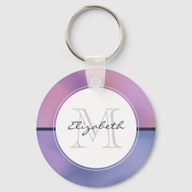 Modern Purple & Pink Swirling Abstract Monogram Keychain (Front)