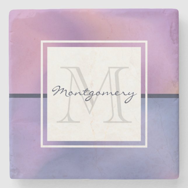 Modern Purple & Pink Swirling Abstract Monogram Stone Coaster (Front)
