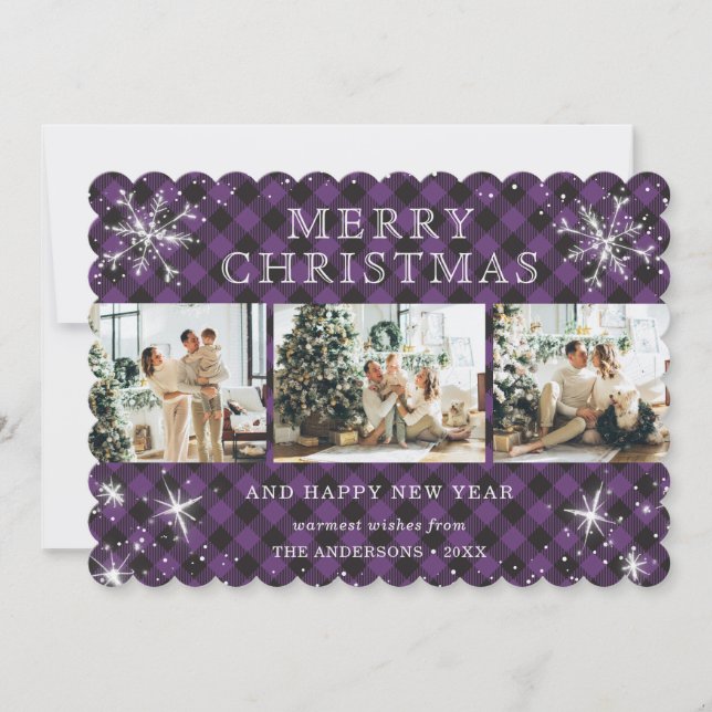 Modern Purple Plaid Snowflake 3 Photo Collage Holiday Card (Front)