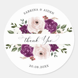 Modern Purple Plum Blush Pink Floral Wedding  Classic Round Sticker