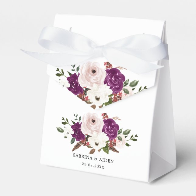Modern Purple Plum Blush Pink Floral Wedding Favor Box (Front Side)
