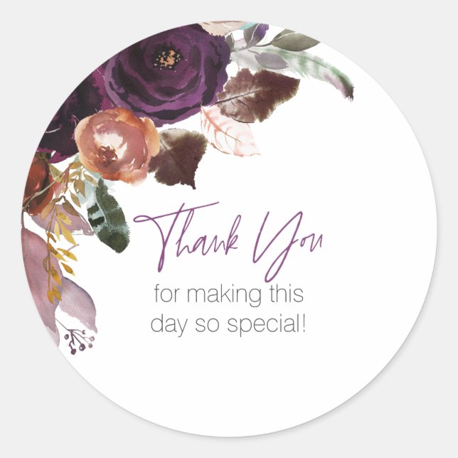Modern Purple Plum Floral Personalized Thank You Classic Round Sticker (Front)