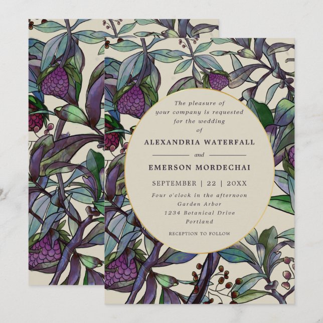 Modern purple plum watercolor floral leaf wedding invitation (Front/Back)