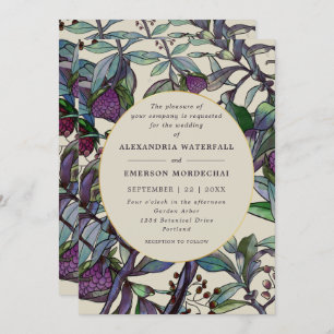 Modern purple plum watercolor floral leaf wedding invitation