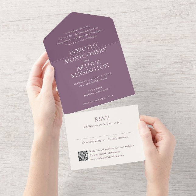 Modern Purple QR Code Elegant Wedding All In One Invitation (Tearaway)