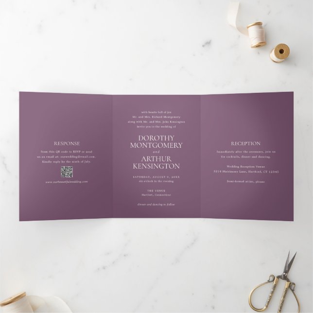 Modern Purple QR Code Elegant Wedding Tri-Fold Invitation (Inside)